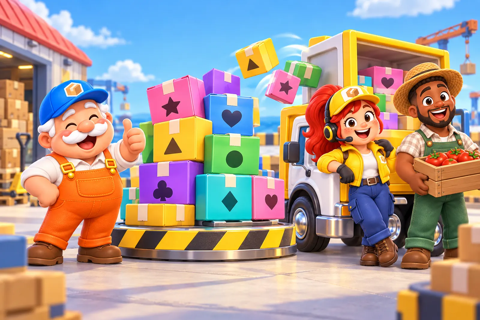 Pop, Jax and a dock worker with a pile of colorful boxes and a truck