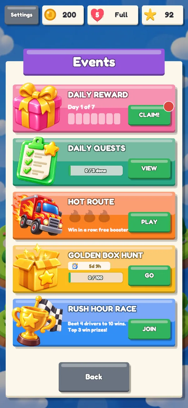 The events screen